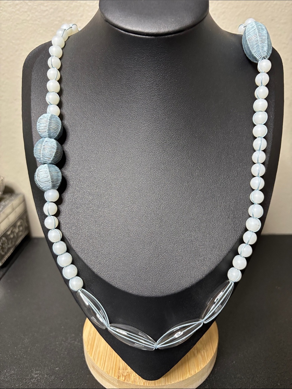 Light Blue Bead & Wrapped Fabric Acrylic Long Statement Necklace